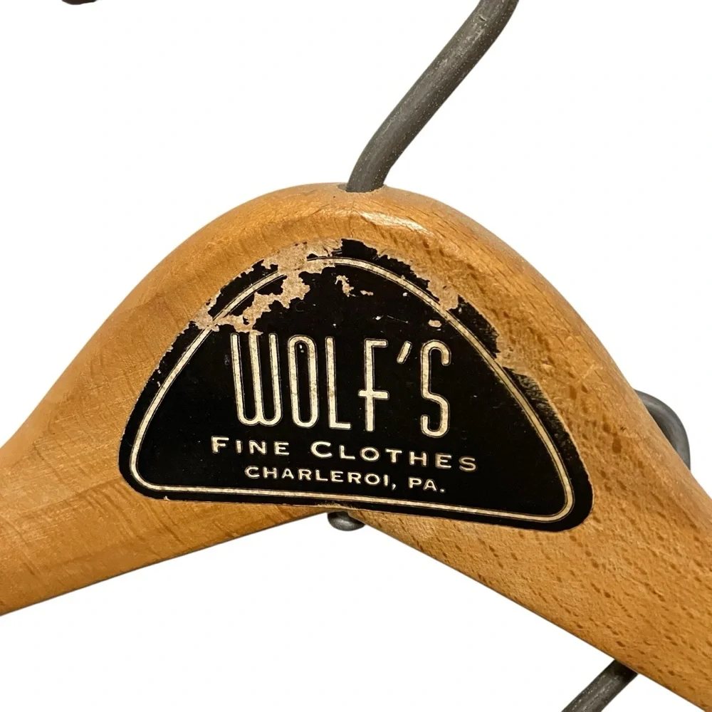 Vintage Wolf's Fine Clothes Charleroi Pa Advertising Wooden MCM Suit Hangers